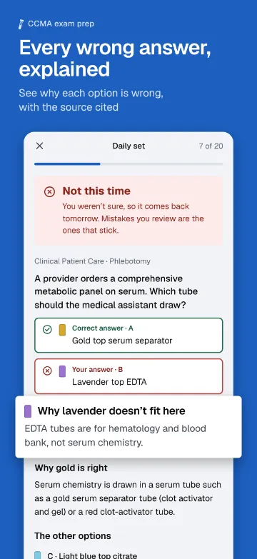 App screen: a phlebotomy question answered wrong, with why lavender (EDTA) does not fit and why gold is right