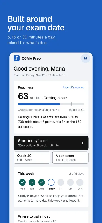 App screen: home with exam date, readiness 63 of 100 and today’s study set