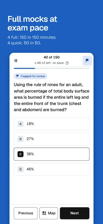 App screen: full mock exam at the exam’s pace, question 42 of 150 with time left